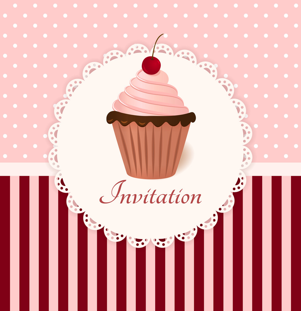 Vintage vector invitation card with cherry cream cake. - Vector, Image
