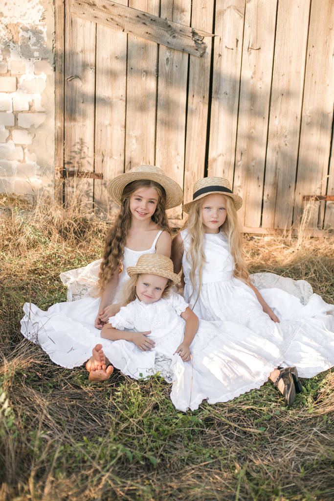 Söpöjä pikkutyttöjä vaaleat pitkät hiukset kesäkentällä auringonlaskun aikaan valkoisissa mekoissa olkihattu päässä.
 - Valokuva, kuva