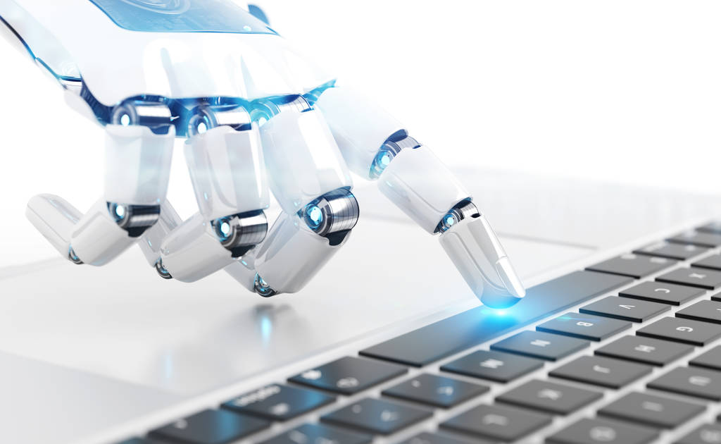 Blanc robot cyborg main appuyant sur un clavier sur un ordinateur portable 3D rende
 - Photo, image