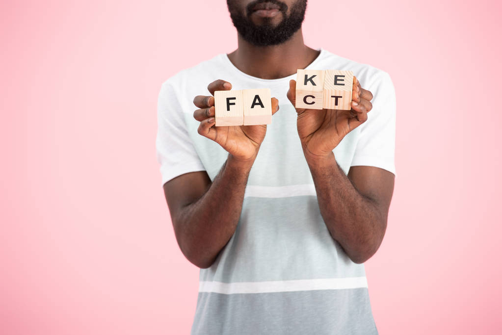 przycięte widok African American Man trzyma kostki alfabetu z napisem fakt, izolowane na różowym - Zdjęcie, obraz