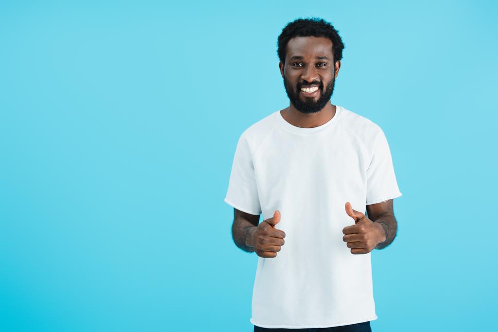happy african american man showing thumbs up isolated on blue - Photo, Image