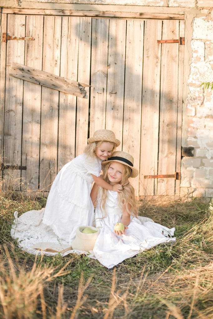 Linda chica con el pelo largo rubio con una hermana menor en un campo de verano al atardecer con un vestido blanco con un sombrero de paja con manzanas verdes
 - Foto, Imagen