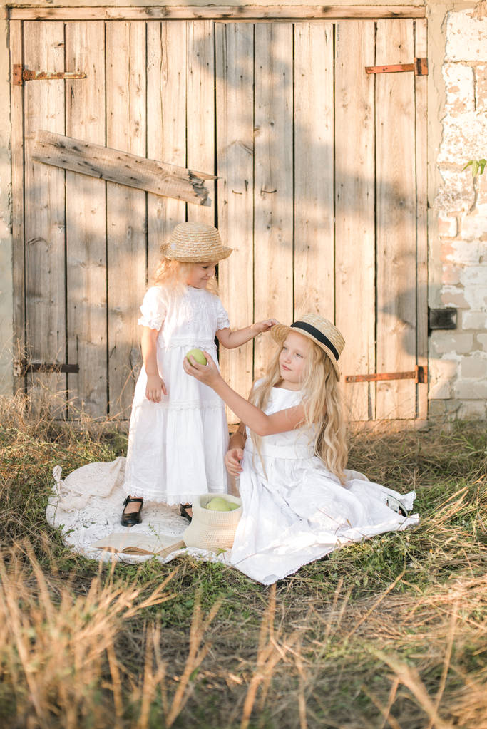 Menina bonito com cabelo longo loiro com uma irmã mais nova em um campo de verão ao pôr do sol com um vestido branco com um chapéu de palha com maçãs verdes
 - Foto, Imagem