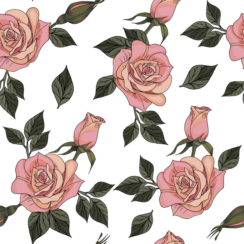 Varratmentes mintázat kézzel rajzolt Rózsa virággal, levelekkel és gombokkal és vektoros illusztrációval - Vektor, kép