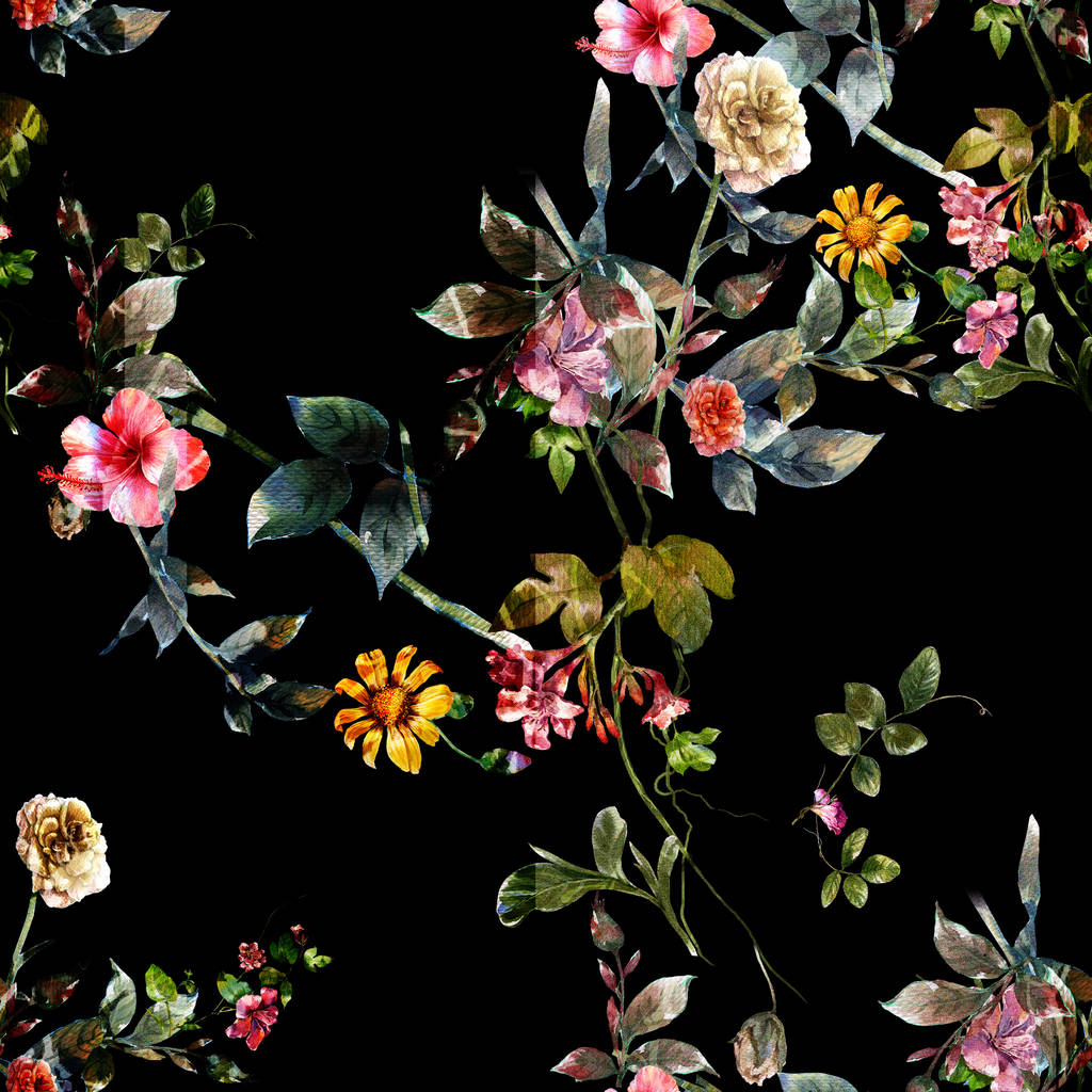 Акварельний живопис листя і квітів, безшовний візерунок на темному тлі
 - Фото, зображення