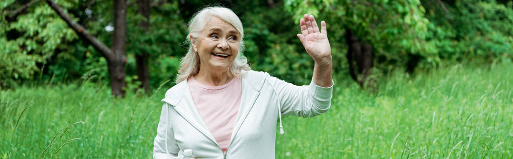 panoraama laukaus iloinen vanhempi nainen harmaat hiukset heiluttaen käsi puistossa
  - Valokuva, kuva