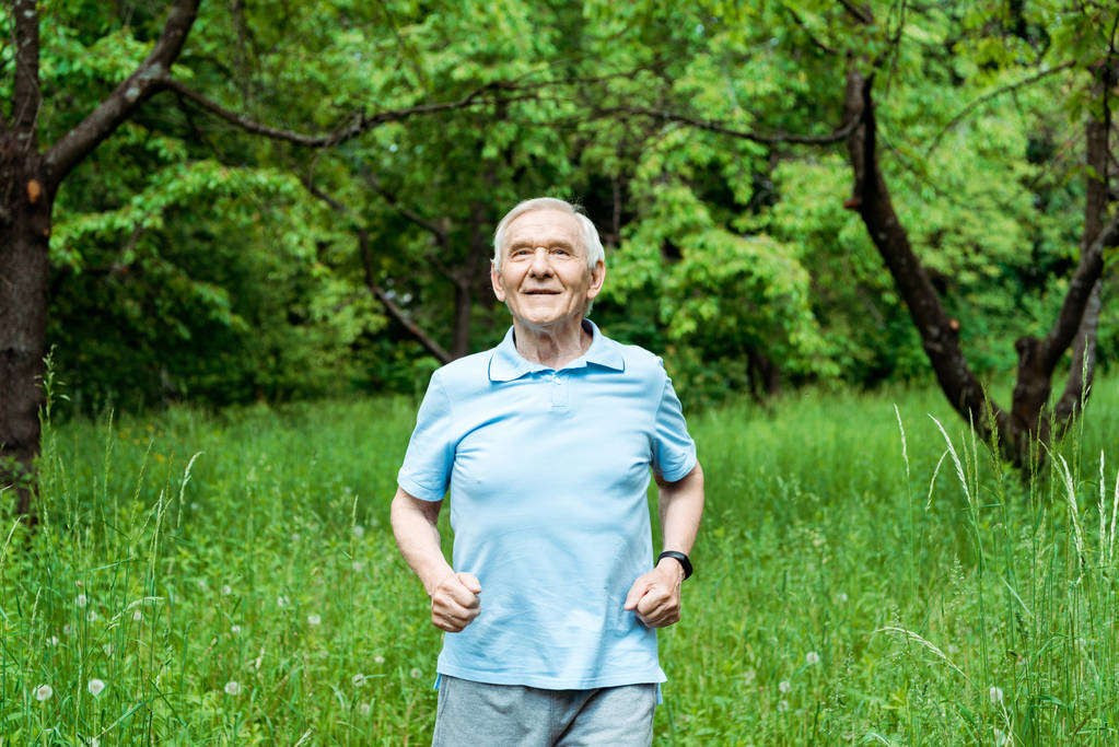iloinen vanhempi mies harmaat hiukset seisoo vihreässä puistossa
  - Valokuva, kuva