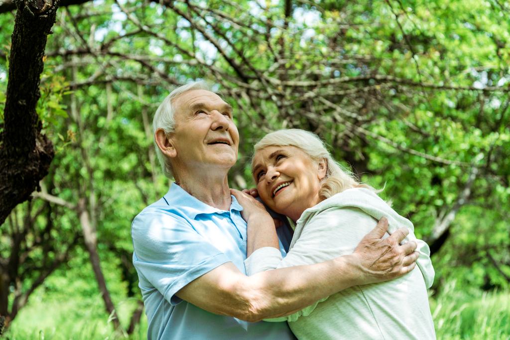 wesoły starszy mężczyzna przytulanie szczęśliwą żonę z szarymi włosami i patrząc na zielone drzewo  - Zdjęcie, obraz