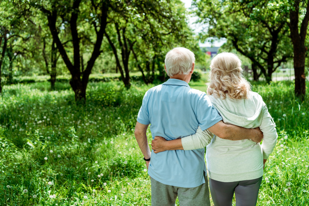 πίσω όψη συνταξιούχος αγκαλιάζει την ανώτερη γυναίκα σε πράσινο πάρκο  - Φωτογραφία, εικόνα