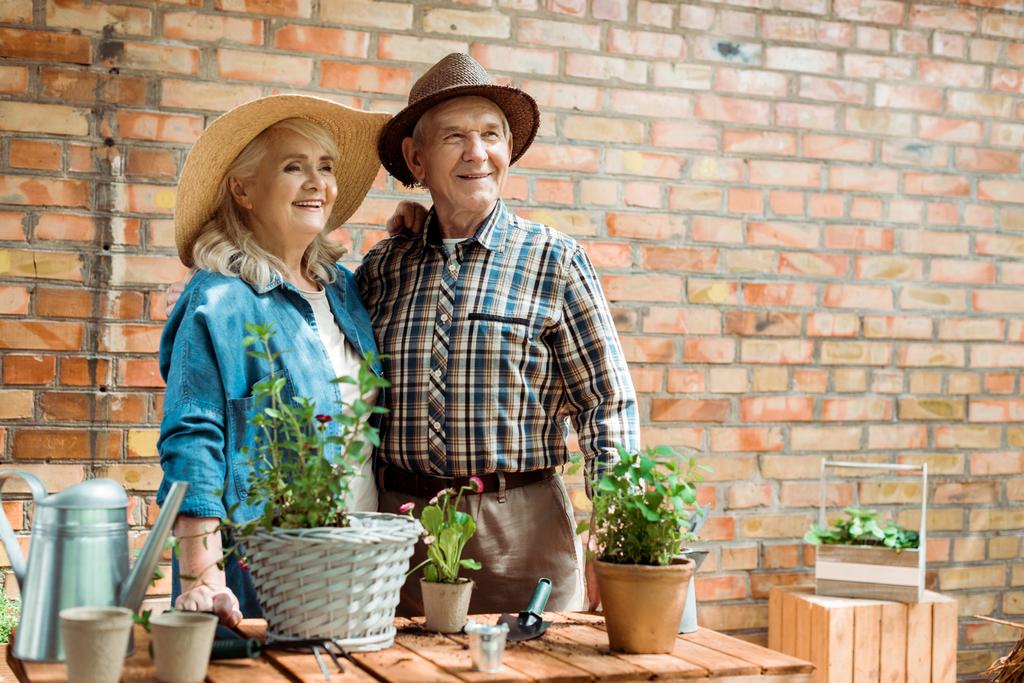 Starsza kobieta w słomy kapelusz stojący z mężem w pobliżu zielonych roślin - Zdjęcie, obraz