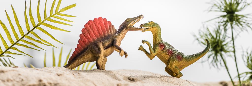 selectieve focus van speelgoed dinosaurussen brullen op zandduin met tropische bladeren, panoramische foto - Foto, afbeelding
