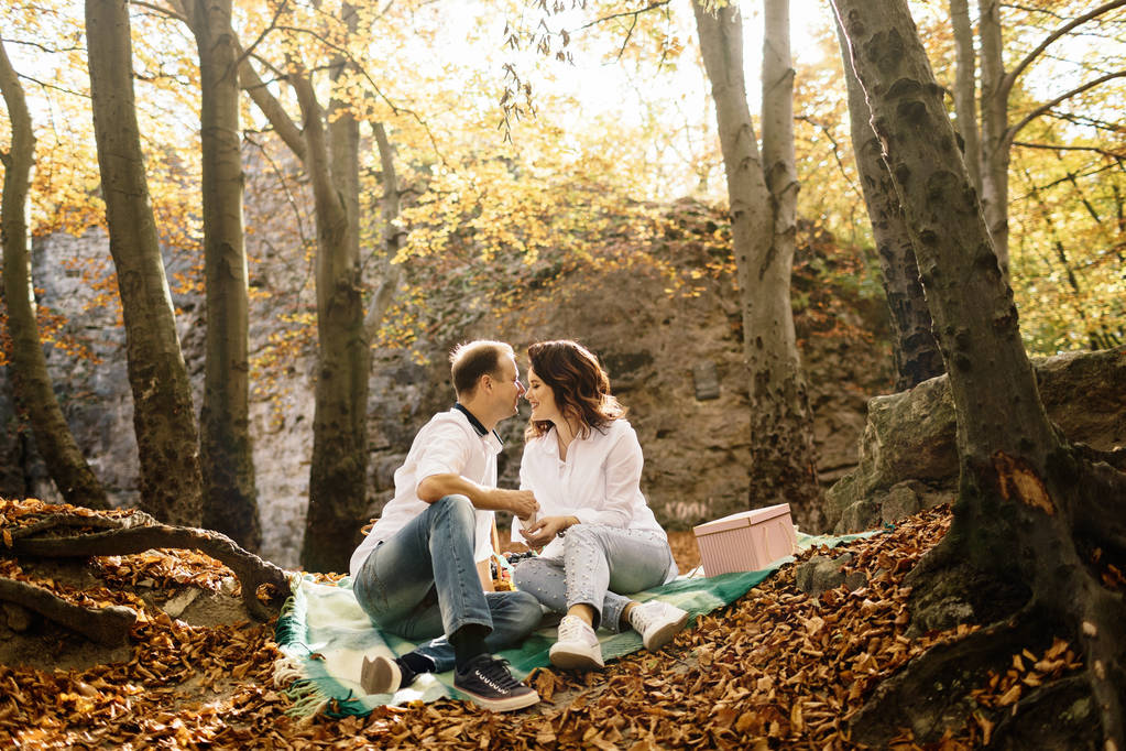 秋の公園を歩くロマンチックな若いカップル。公園で一緒に家族。妊娠中のカップル. - 写真・画像