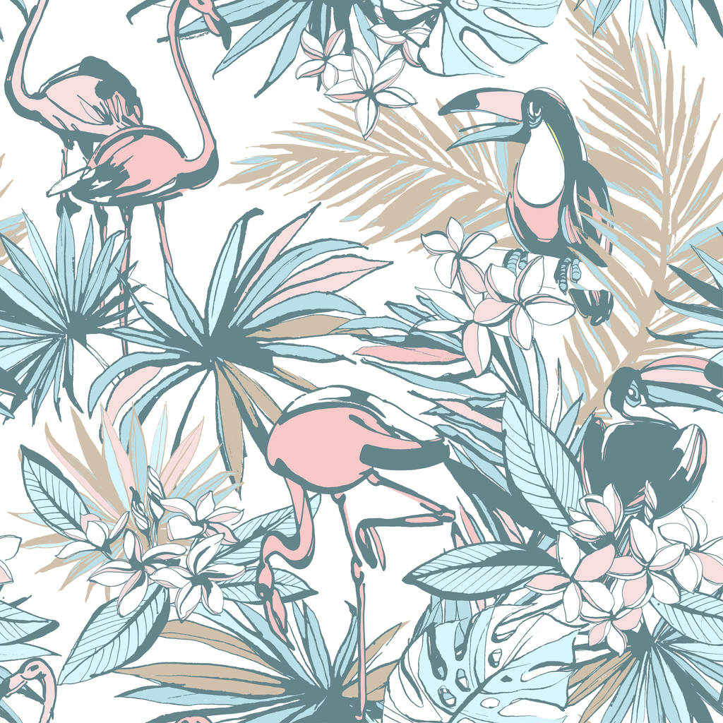 Ręcznie rysowane tropikalne bezszwowe atrament wzór liści palmowych flamingi. - Wektor, obraz