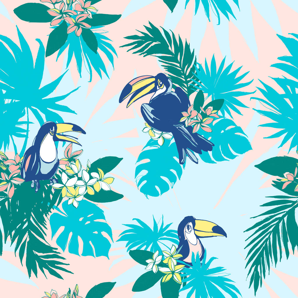 Tinta patrón inconsútil Dibujado a mano hojas de palma tropical, flores, aves
. - Vector, Imagen