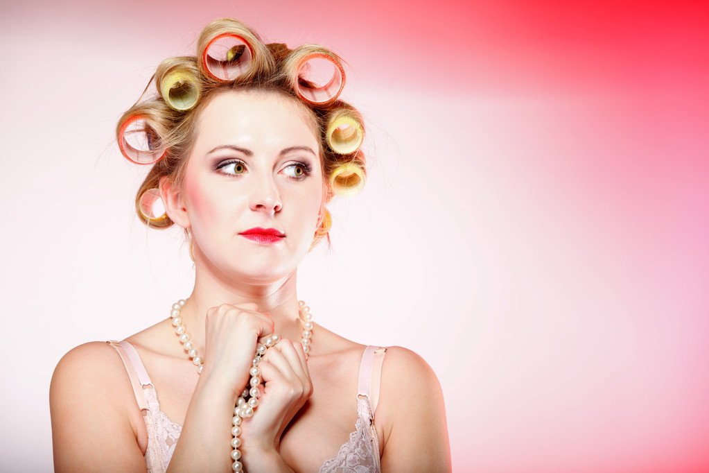 sexy woman in underwear curlers with beads - Photo, Image