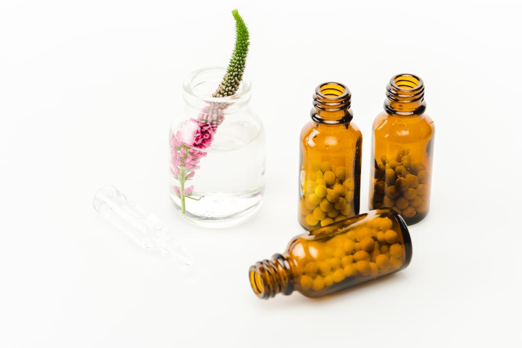 pink veronica flower in glass bottle near pills on white  - Photo, Image