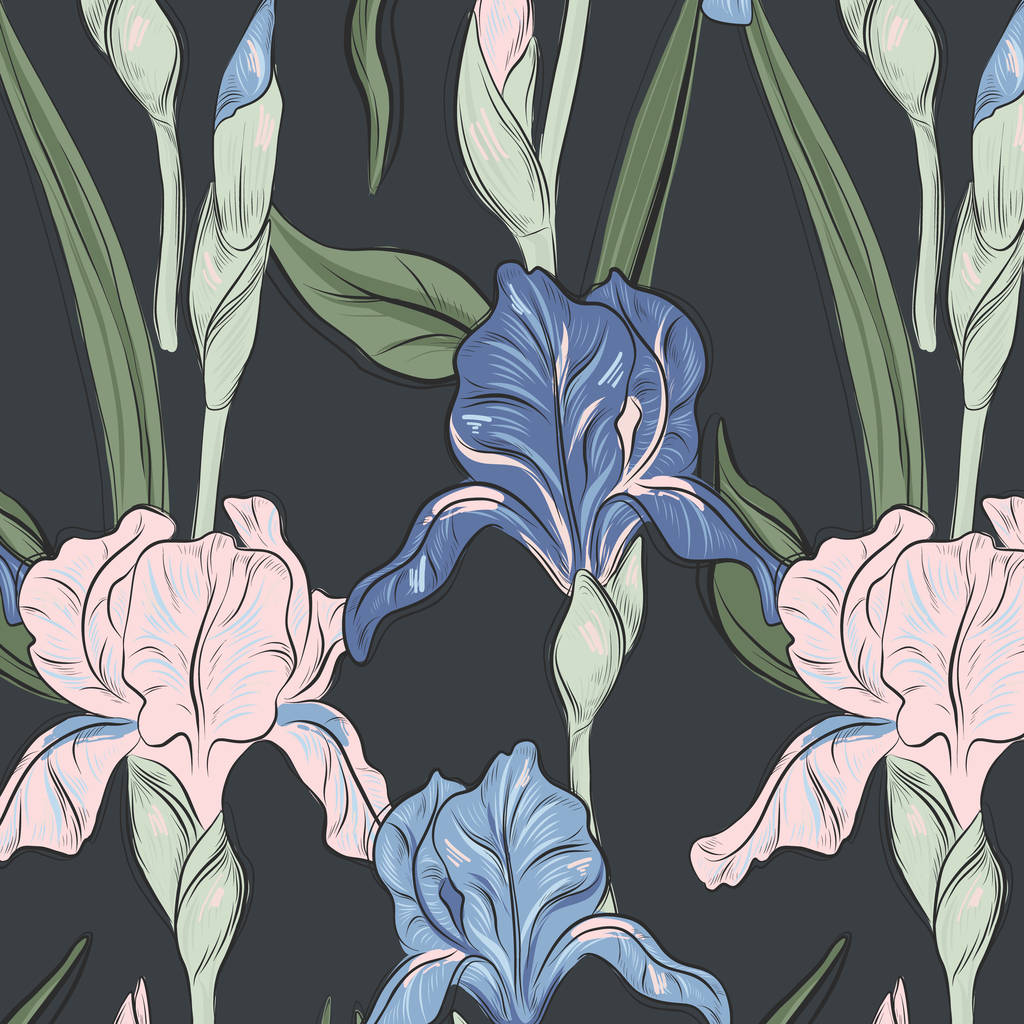 Καλοκαιρινά άνθη της ίριδας. Μοντέρνο μοτίβο βοτανικής ανθοφυίας. Φυσική άνοιξη άνθιση λουλούδι σχεδιασμό.  - Διάνυσμα, εικόνα