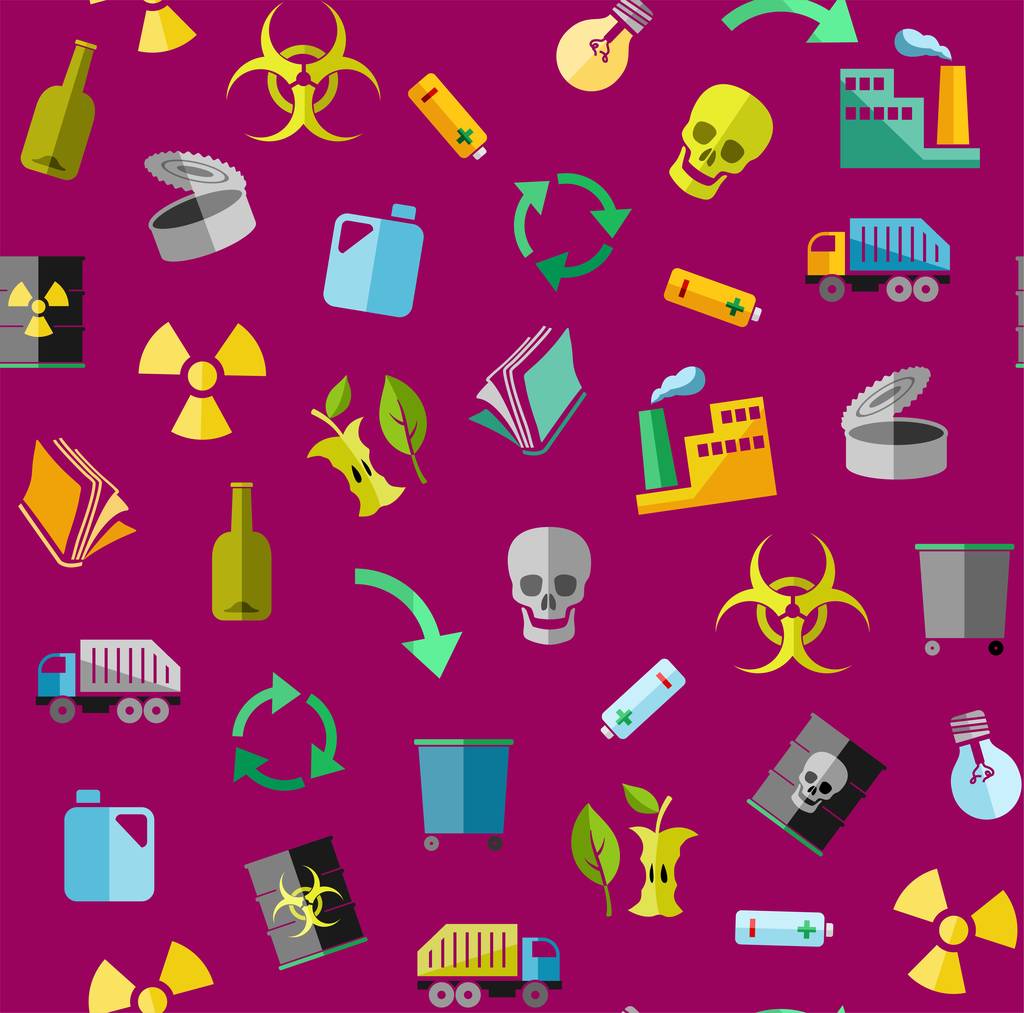 Waste collection and disposal, seamless pattern, purple, color, vector. Garbage collection, different types of waste. Vector, seamless background. Colored, flat icons on plum background.  - Vector, Image
