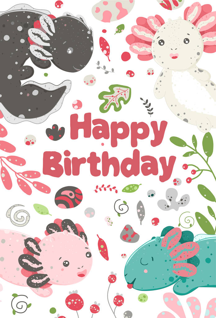 Verão bonito Kawaii axolotl, desenho de bebê anfíbio. Feliz aniversário cartão de saudação com lagarto. Design de estilo plano. Ambystoma mexicanum
 - Vetor, Imagem