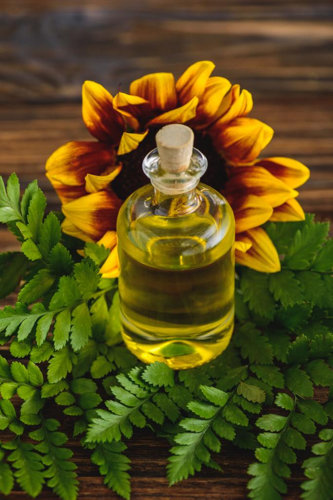 Farnblätter, Sonnenblumen und verkorkte Flasche mit ätherischem Öl auf Holzoberfläche - Foto, Bild