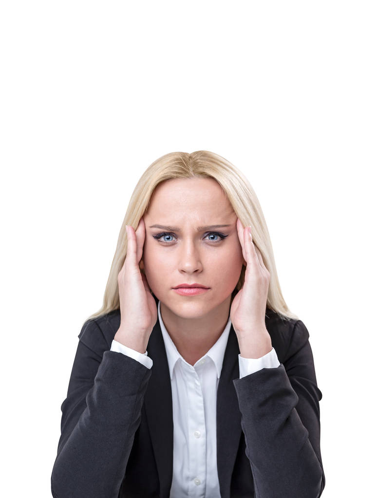 Stressed young blonde business woman portrait - Photo, Image