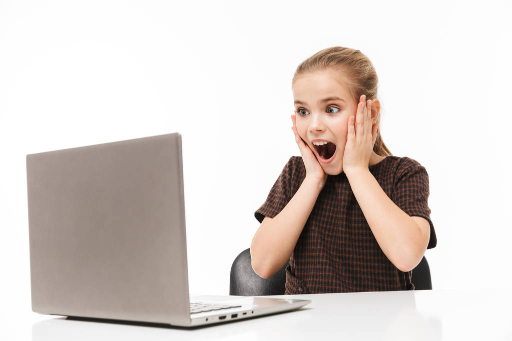Portret van vrolijke school meisje vreugde en het gebruik van zilveren laptop - Foto, afbeelding