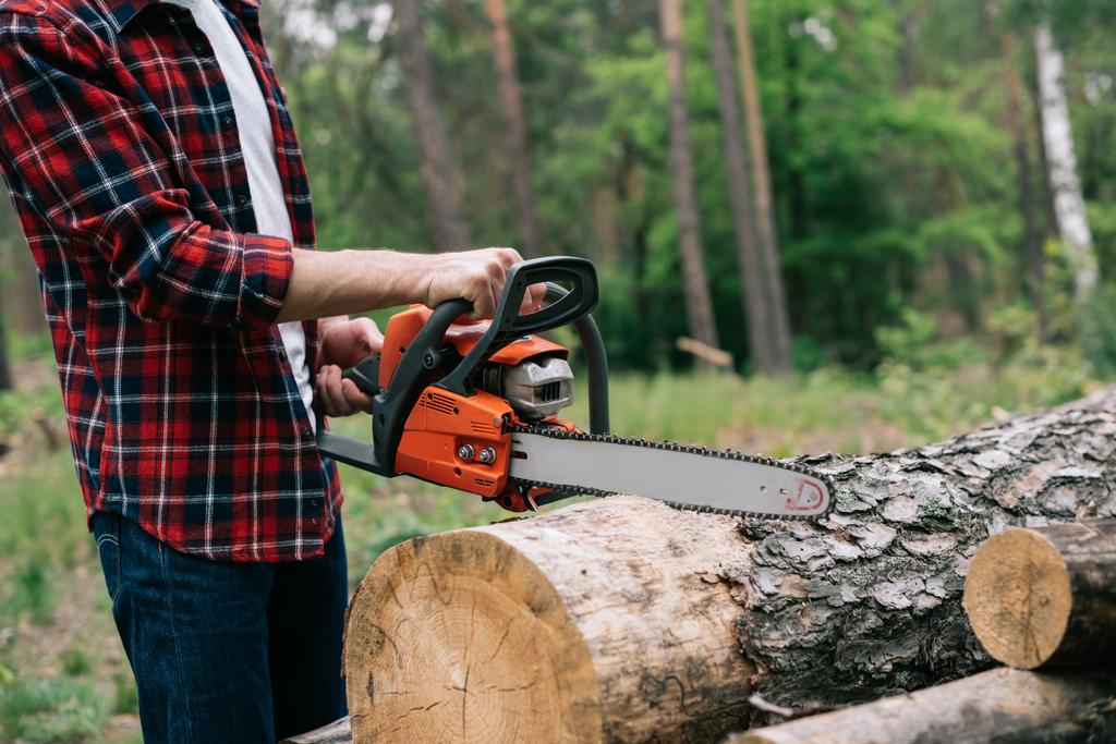 visão parcial do lenhador em camisa quadriculada cortando madeira redonda com motosserra na floresta
 - Foto, Imagem