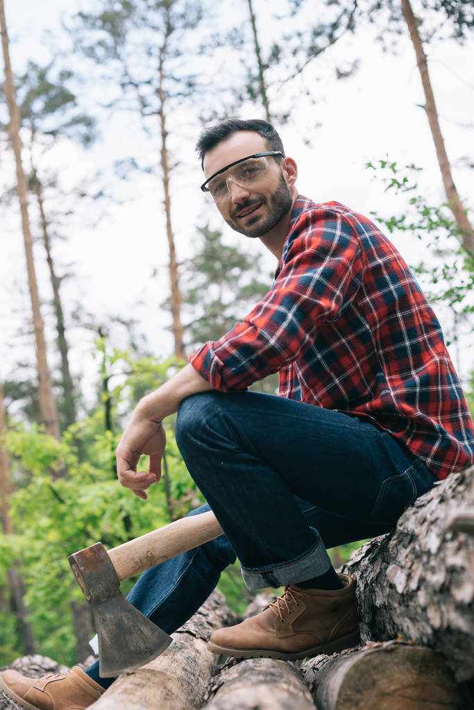 sorrindo lumberer olhando para a câmera enquanto sentado em logs na floresta e segurando machado
 - Foto, Imagem