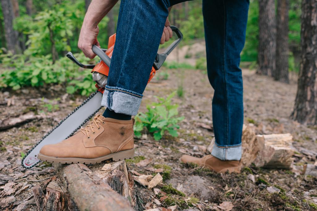 vista parcial de leñador en botas cortando tronco de árbol con motosierra en bosque
 - Foto, Imagen