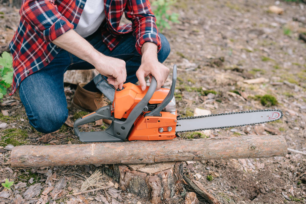 partial view of lumberjack adjusting chainsaw while sitting near tree trunk in forest - Photo, Image