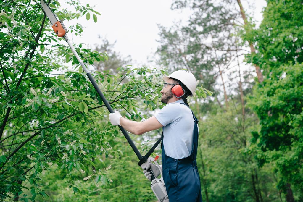 садівник в шоломі і комбінезоні обрізає дерева з телескопічним стовпом, пилкою в саду
 - Фото, зображення