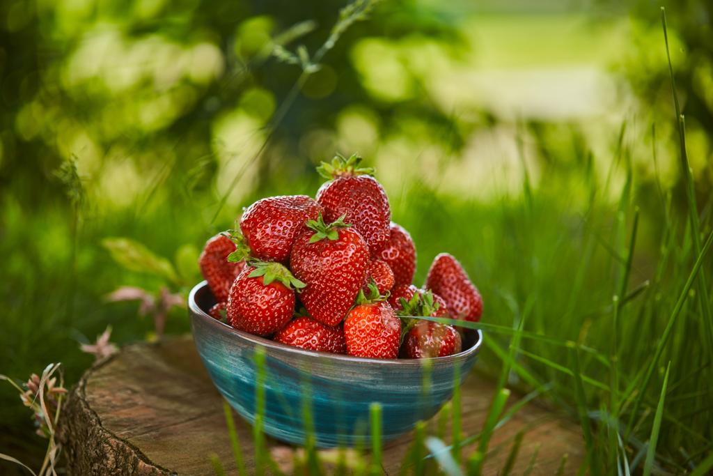 selektiver Fokus von frischen Erdbeeren in Schale auf Baumstumpf - Foto, Bild