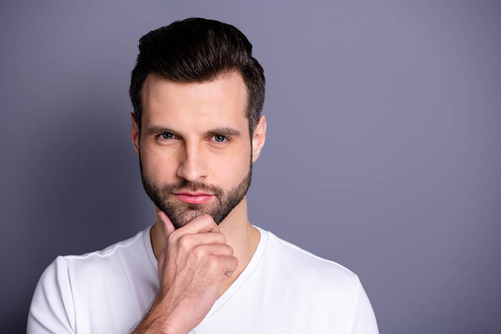 Close up photo amazing he him his macho perfect appearance look bath mirror shower groomed neat stubble mustache test quality new balm gel wondered wear casual white t-shirt isolated grey background - Photo, Image