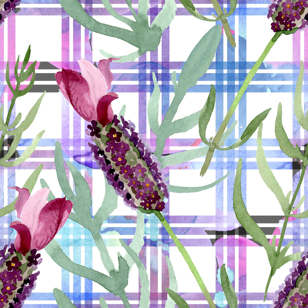 lila Lavendel blühende botanische Blumen. Aquarell Hintergrundillustration Set. nahtloses Hintergrundmuster. - Foto, Bild