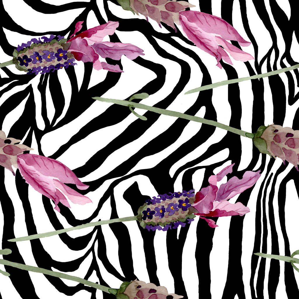 紫色のラベンダーの花の植物の花。●水彩背景イラストセット。シームレスな背景パターン. - 写真・画像