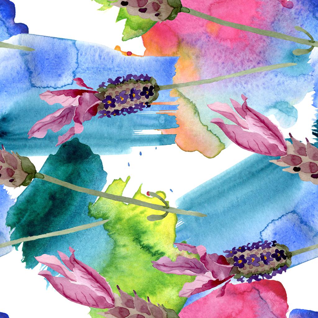 Purple lavanda flores botánicas florales. Conjunto de ilustración de fondo acuarela. Patrón de fondo sin costuras
. - Foto, imagen