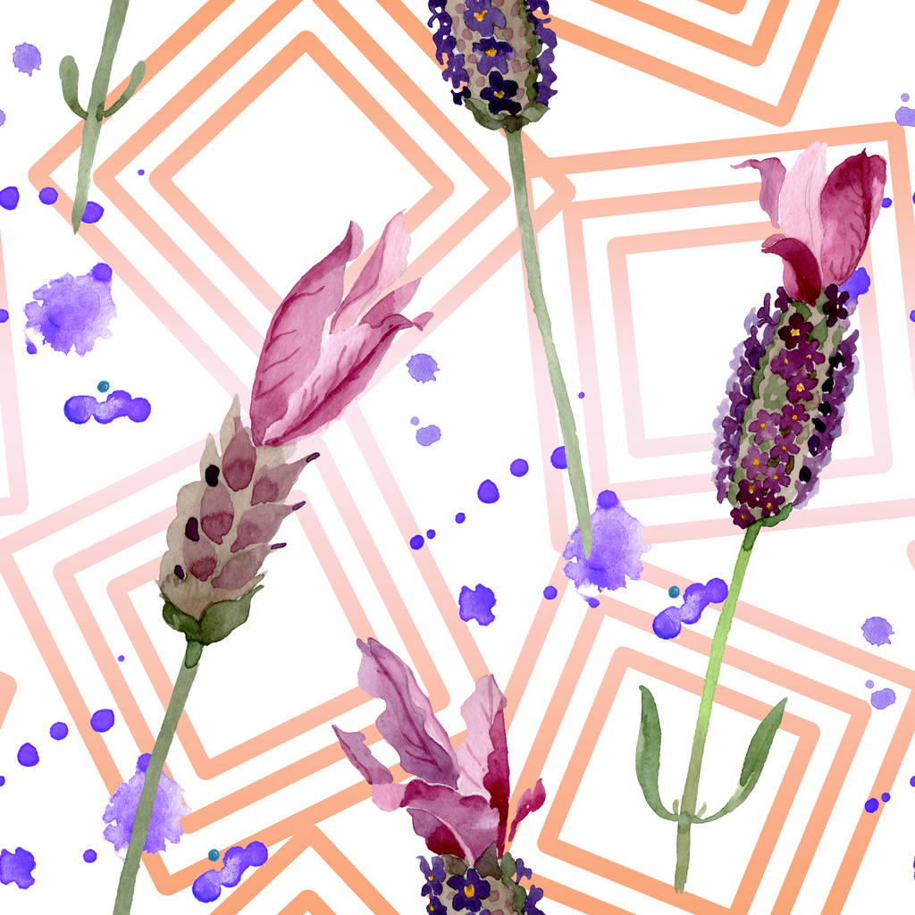 lila Lavendel blühende botanische Blumen. Aquarell Hintergrundillustration Set. nahtloses Hintergrundmuster. - Foto, Bild
