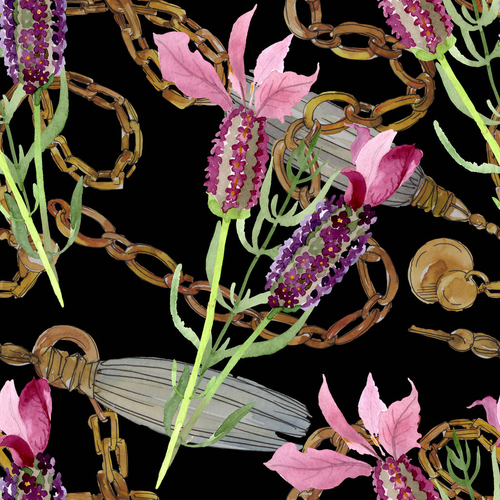 Purpurowy kwiat kwiatowy kwiatów botanicznych. Akwarela zestaw ilustracji tła. Płynny wzór tła. - Zdjęcie, obraz