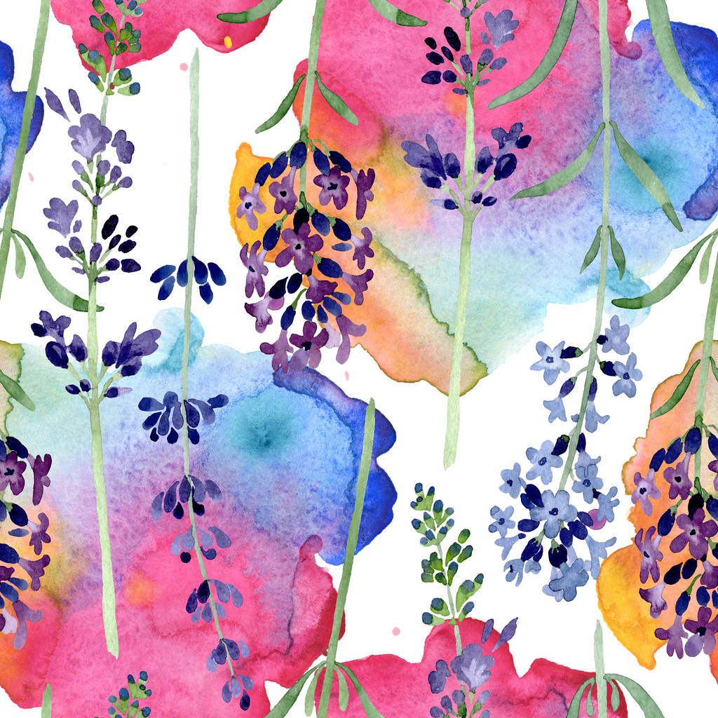 violettem Lavendel florale botanische Blume. Aquarell Hintergrundillustration Set. nahtloses Hintergrundmuster. - Foto, Bild