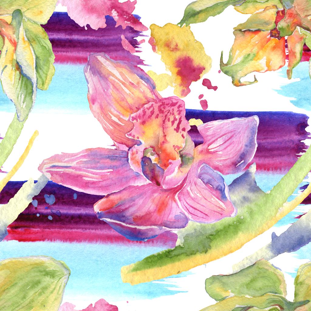 Orquídea flores botánicas florales. Conjunto de ilustración de fondo acuarela. Patrón de fondo sin costuras
. - Foto, imagen