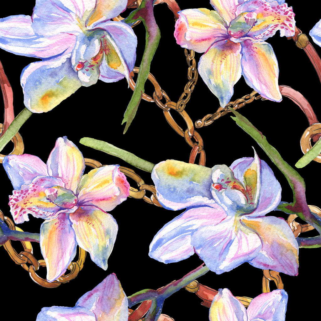 Orchidee florale botanische Blumen. Aquarell Hintergrundillustration Set. nahtloses Hintergrundmuster. - Foto, Bild