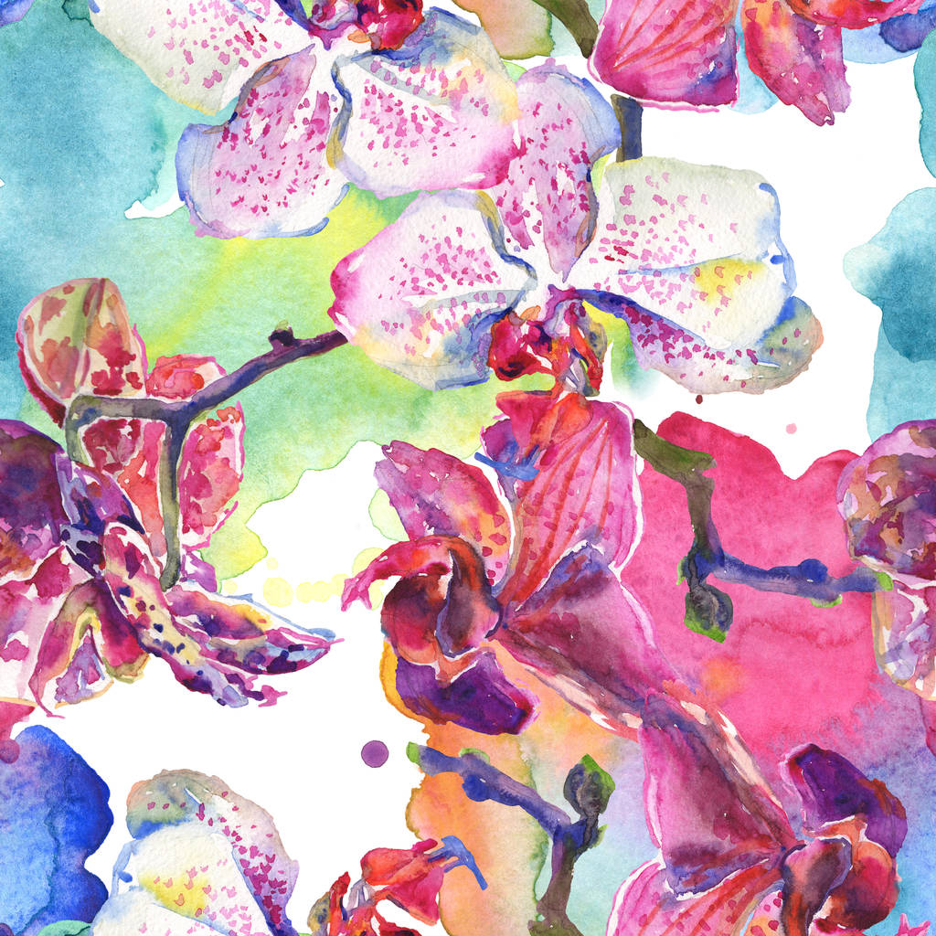 Orchidee bloemen botanische bloemen. Aquarel achtergrond illustratie instellen. Naadloos achtergrond patroon. - Foto, afbeelding