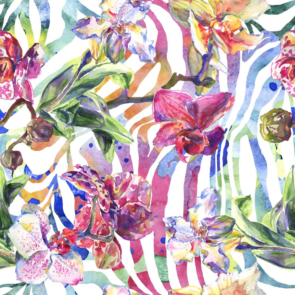 Flores botânicas florais de orquídea. Conjunto de ilustração de fundo aquarela. Padrão de fundo sem costura
. - Foto, Imagem