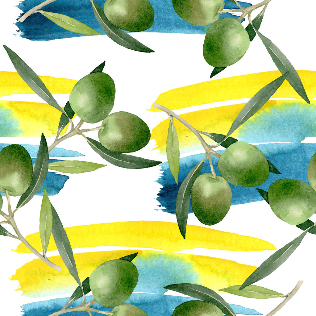 Olijftak met zwart en groen fruit. Aquarel achtergrond illustratie instellen. Naadloos achtergrond patroon. - Foto, afbeelding