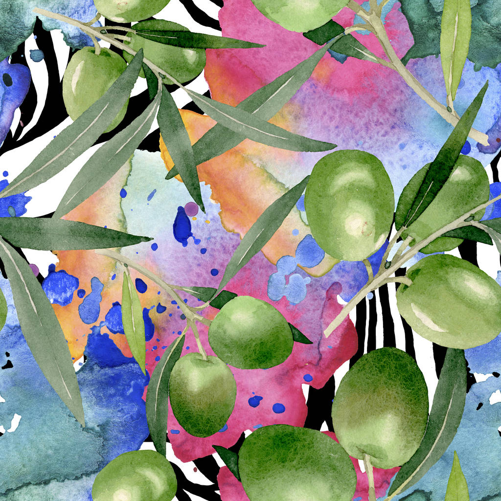 Оливковая ветвь с черными и зелеными фруктами. Набор акварельных фонов. Бесшовный рисунок фона
. - Фото, изображение