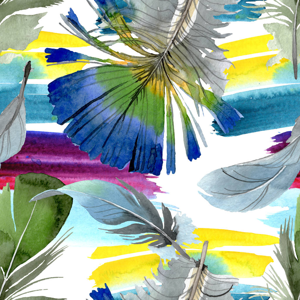 Bird feather from wing isolated. Watercolor background illustration set. Seamless background pattern. - Photo, Image