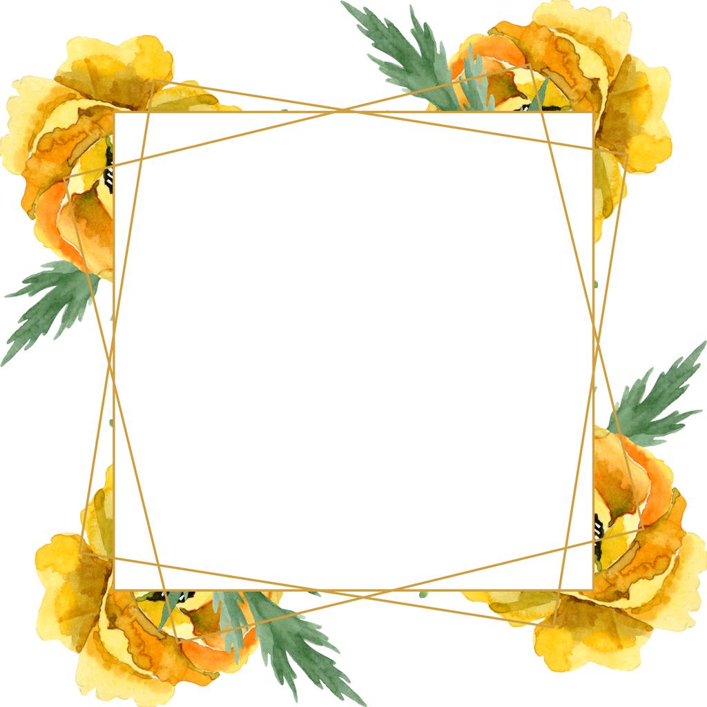 Żółty MAK kwiatowy kwiatów botanicznych. Akwarela zestaw ilustracji tła. Obramowanie ramy ornament kwadrat. - Zdjęcie, obraz