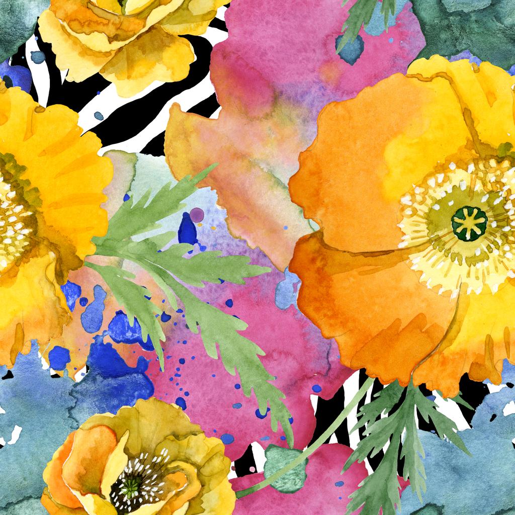 Flores botánicas florales de amapola amarilla. Conjunto de ilustración de fondo acuarela. Patrón de fondo sin costuras
. - Foto, Imagen