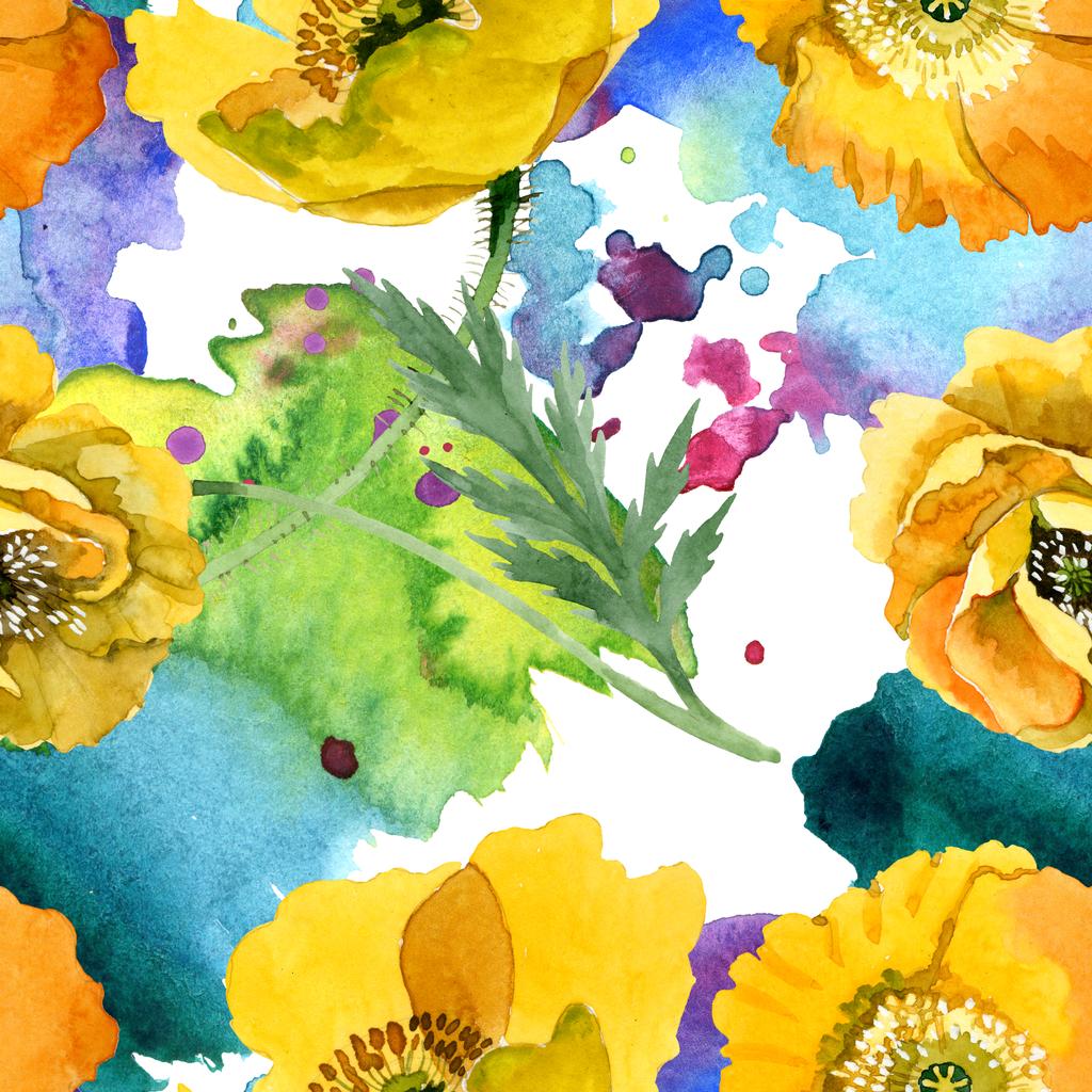 Sárga pipacs virágos botanikai virágok. Akvarell háttér illusztráció meg. Folytonos háttérmintázat. - Fotó, kép