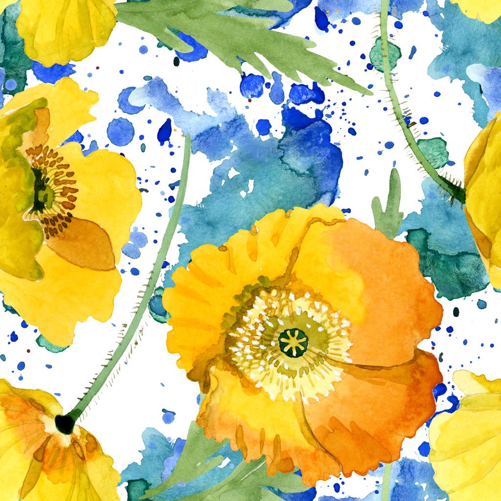 Flores botánicas florales de amapola amarilla. Conjunto de ilustración de fondo acuarela. Patrón de fondo sin costuras
. - Foto, imagen